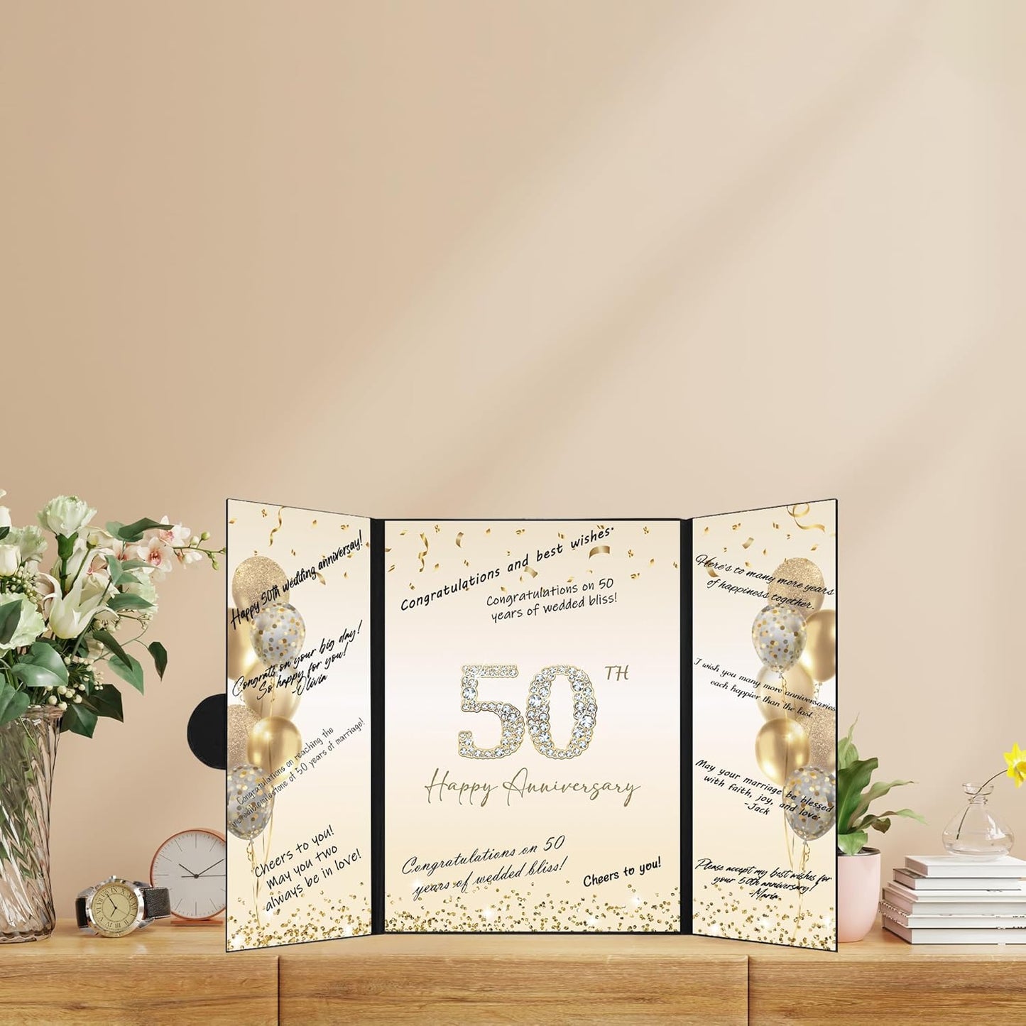 DARUNAXY Black Gold Happy Anniversary Party Decorations, Happy Anniversary Alternative Signature Guest Book Wedding 1st 10th 40th 50th Anniversary Signing Card Board Party Supplies