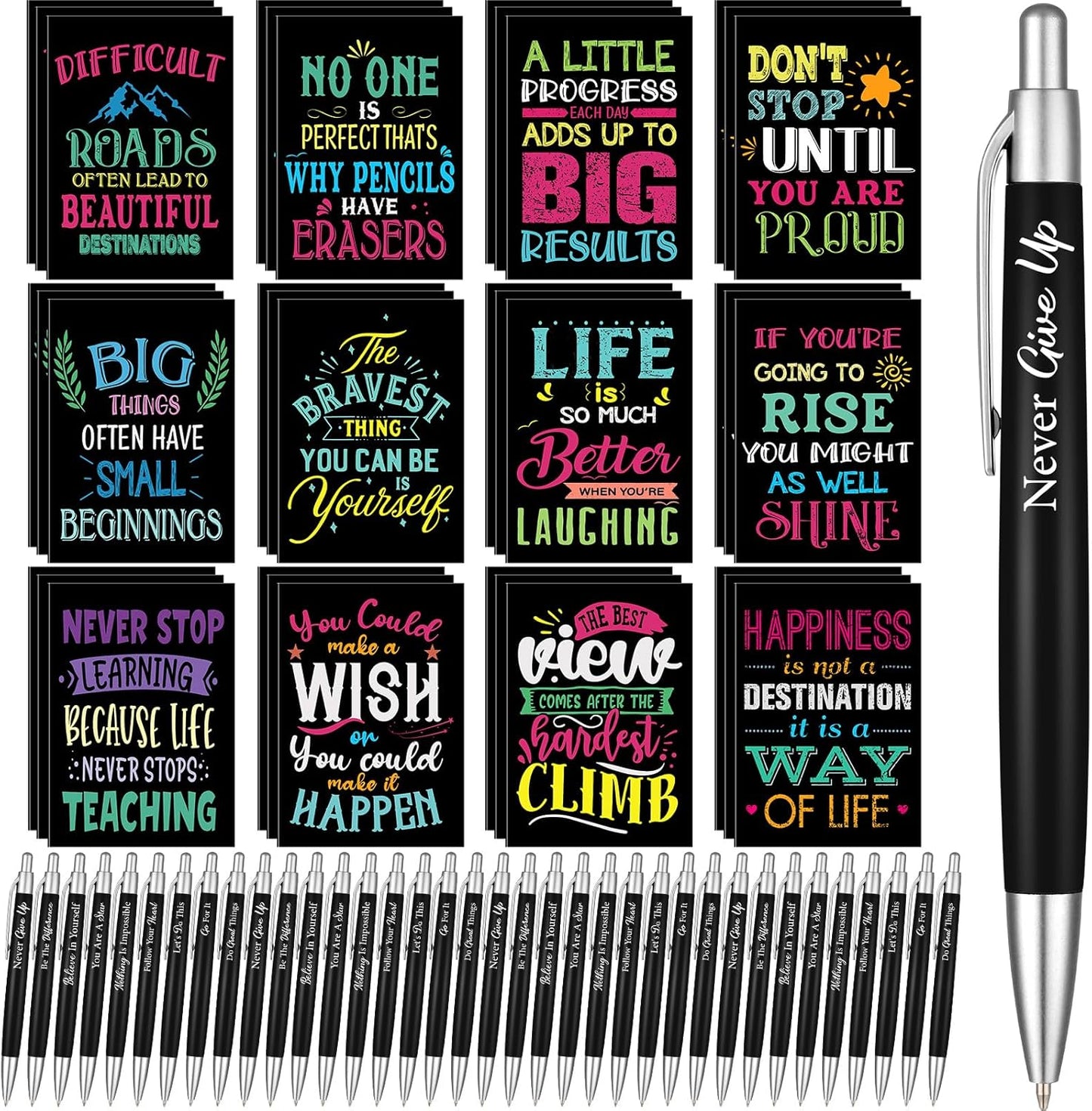Yeaqee 72 Pcs Motivational Pens Notepads Gifts Set Inspirational Quote Ballpoint Pen Small Notebook Mini Journal Bulk Present Idea for Teacher Coworker Gifts Women Office School(Inspiring)