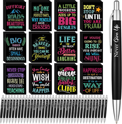 Yeaqee 72 Pcs Motivational Pens Notepads Gifts Set Inspirational Quote Ballpoint Pen Small Notebook Mini Journal Bulk Present Idea for Teacher Coworker Gifts Women Office School(Inspiring)