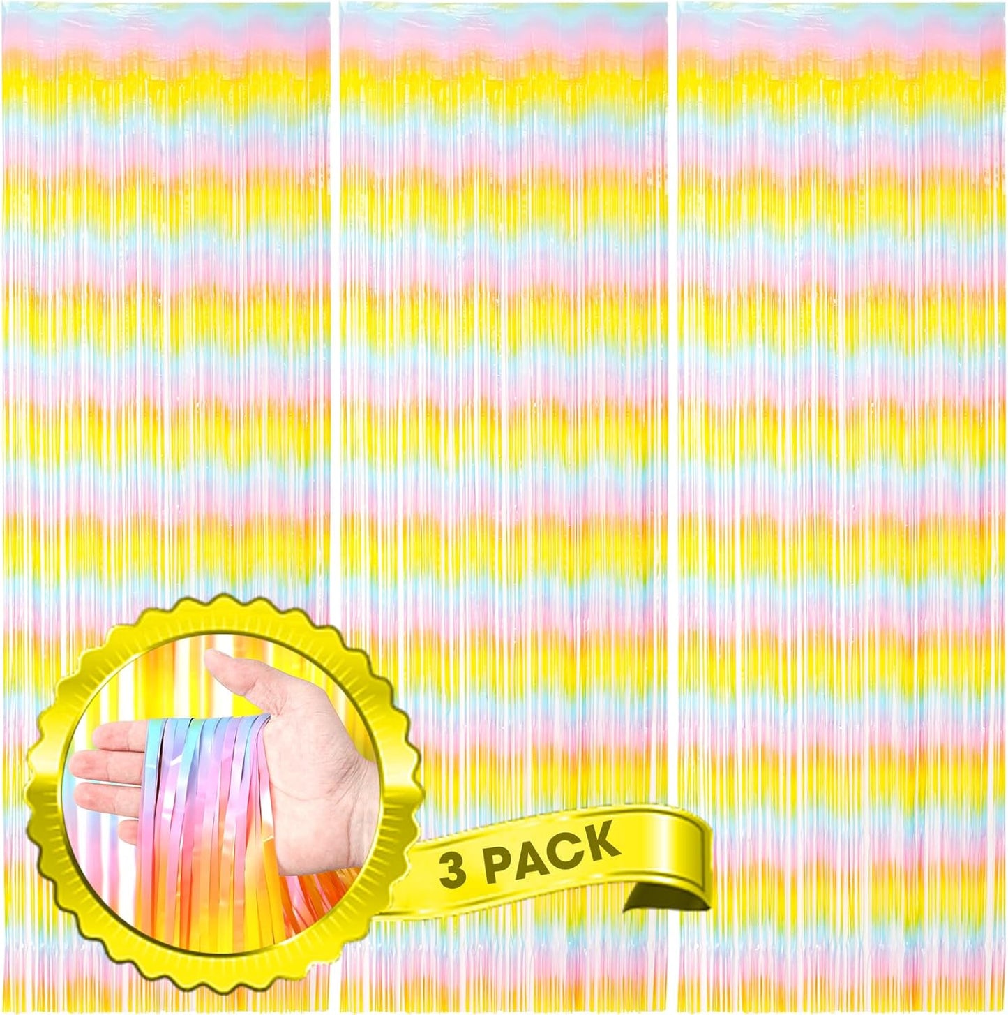 Voircoloria 3 Pack 3.3x8.2 Feet Gold Foil Fringe Backdrop Curtains, Tinsel Streamers, Fringe Backdrop for 2025 New Years Eve, Graduation, Birthday, Baby Shower, Gender Reveal, Disco Party - Colors B