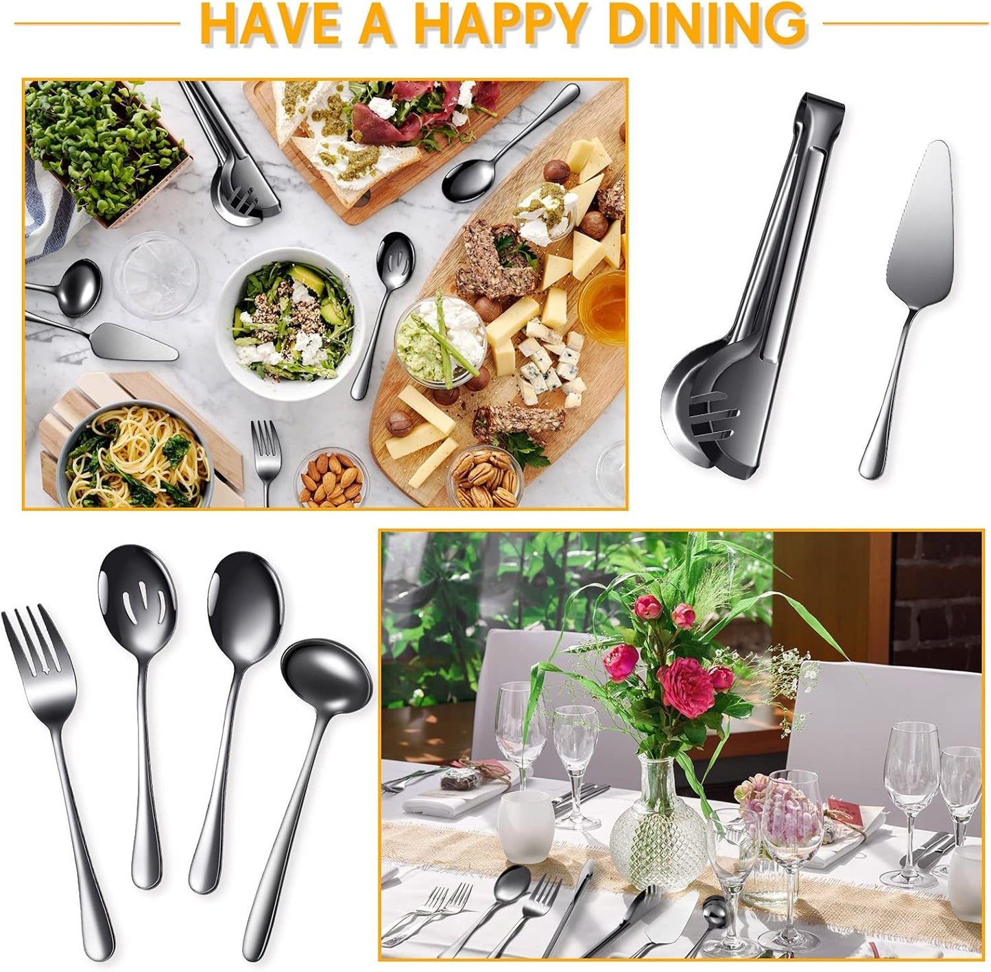 Patelai Serving Utensils Set Include Stainless Steel Large Spoons Slotted Spoons Forks Tongs Soup Ladle and Pie Server for Parties Buffet Catering, Dishwasher Safe(Silver,10 Pieces)