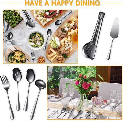 Patelai Serving Utensils Set Include Stainless Steel Large Spoons Slotted Spoons Forks Tongs Soup Ladle and Pie Server for Parties Buffet Catering, Dishwasher Safe(Silver,10 Pieces)