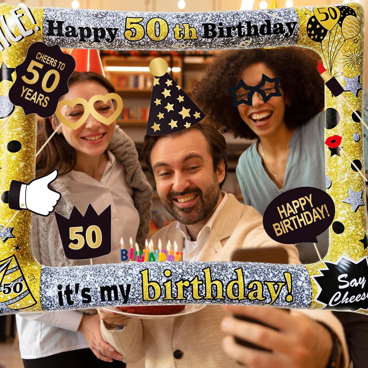 50th Birthday Inflatable Photo Booth Set - Giant Selfie Photo Booth Frame & Props - Polyvinyl Chloride