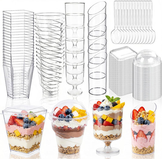 WELLIFE 380 Pack Disposable Dessert Cups with Lids and Spoons 5 oz Mini Plastic Parfait Cups Assortment for DIY Mousse, Pudding, Tiramisu, Home Baking, Birthday Parties & Baby Showers