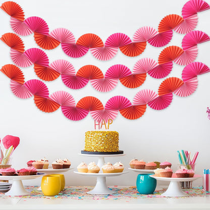 Whaline 3 Pack Paper Fans Garland 15.7 Ft Rose Red Pink Orange Hanging 3D Ornament Banners for Birthday Bachelorette Party Wall Ceiling Decoration