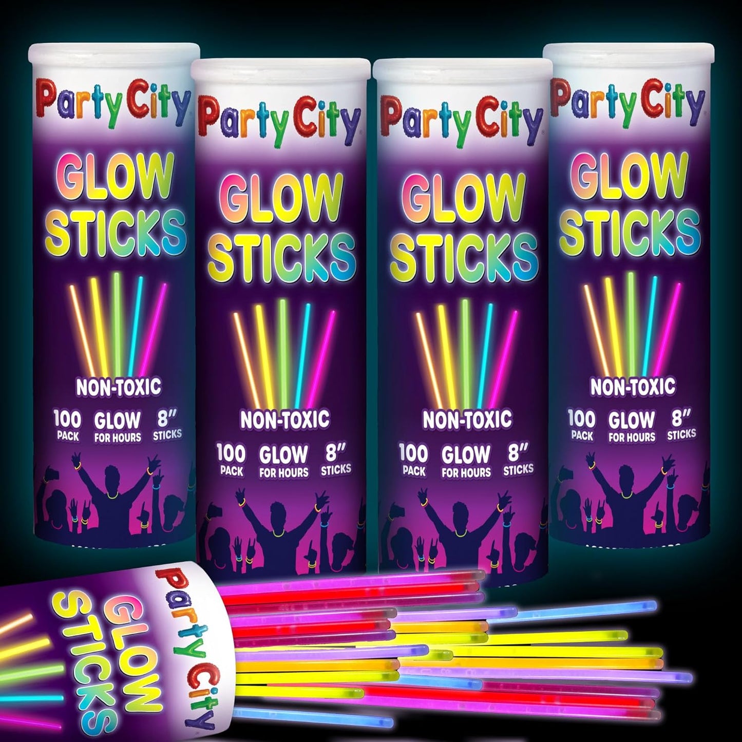 Party City 100 Glow Sticks Bulk Party Pack 8”– Neon Glow in the Dark Party Supplies, Glowsticks with Connectors Bracelets & Necklaces, Light Up Favors for Kids, Adults, Birthdays, Parties, Decorations