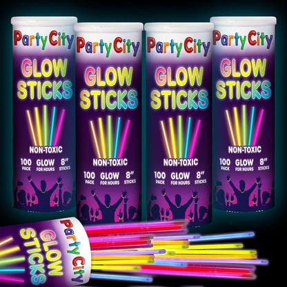 Party City 100 Glow Sticks Bulk Party Pack 8”– Neon Glow in the Dark Party Supplies, Glowsticks with Connectors Bracelets & Necklaces, Light Up Favors for Kids, Adults, Birthdays, Parties, Decorations