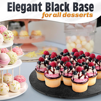12 Inch Cake Drum, Black Cake Board for Picture-Ready Celebration Cakes, 1/2 Inch Thick Round Cardboard Base with Grease & Moisture Resistant Surface and Decorative Pattern for Parties and Weddings