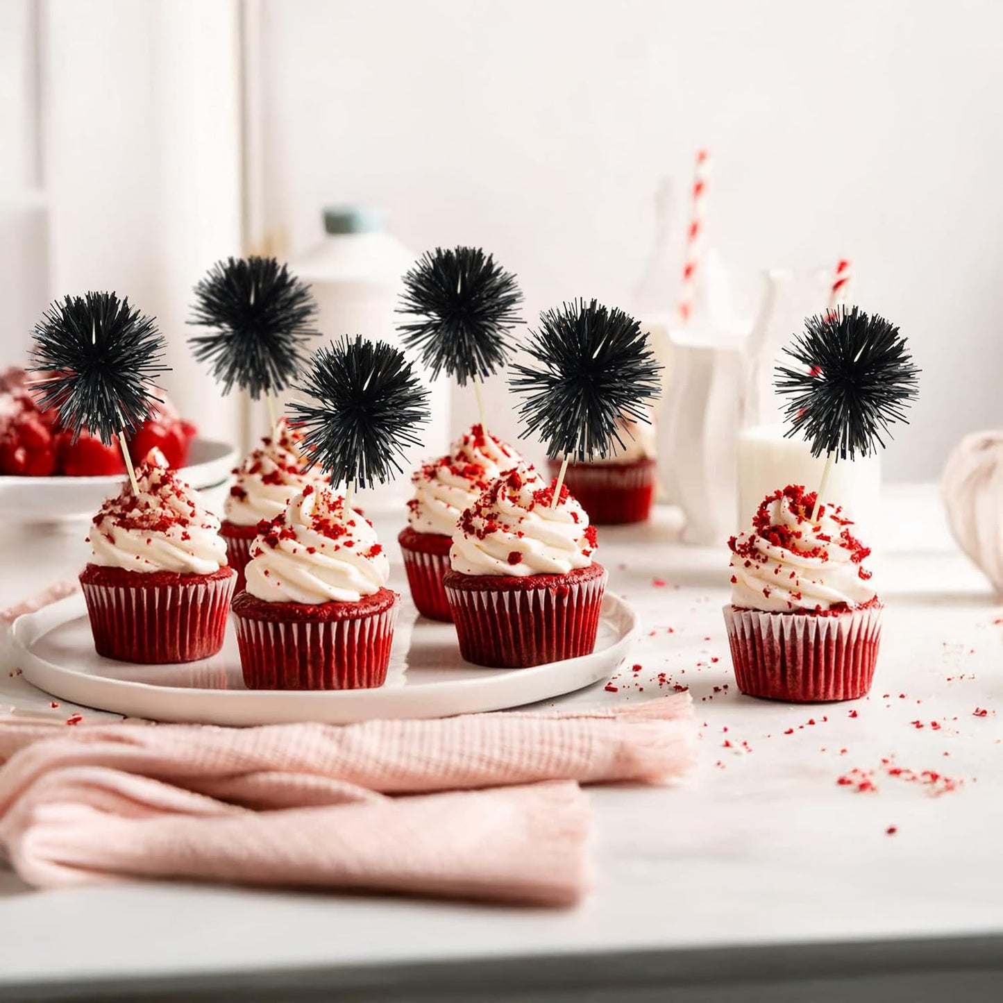 Ephlyn 30Pcs Foil Firework Cupcake Toppers Sparkle Tinsel Cupcake Picks Drink Stirrers Cocktail Food Fruit Toothpicks for Baby Shower Graduation Party Supplies White