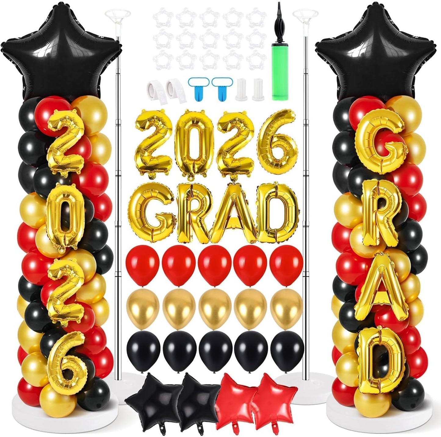 2 Sets Graduation Balloon Column Stand Kits with Balloons 2026 Grad Themed Decoration Navy Blue Balloon Tower Stand Kit for Grad High School & College Celebration Party Decor