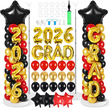 2 Sets Graduation Balloon Column Stand Kits with Balloons 2026 Grad Themed Decoration Navy Blue Balloon Tower Stand Kit for Grad High School & College Celebration Party Decor