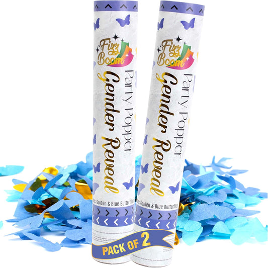 2 Pack Blue Heart-Shaped Confetti Poppers for Baby Gender Reveal | Blue Paper and gold mylar Baby Boy Party Supplies