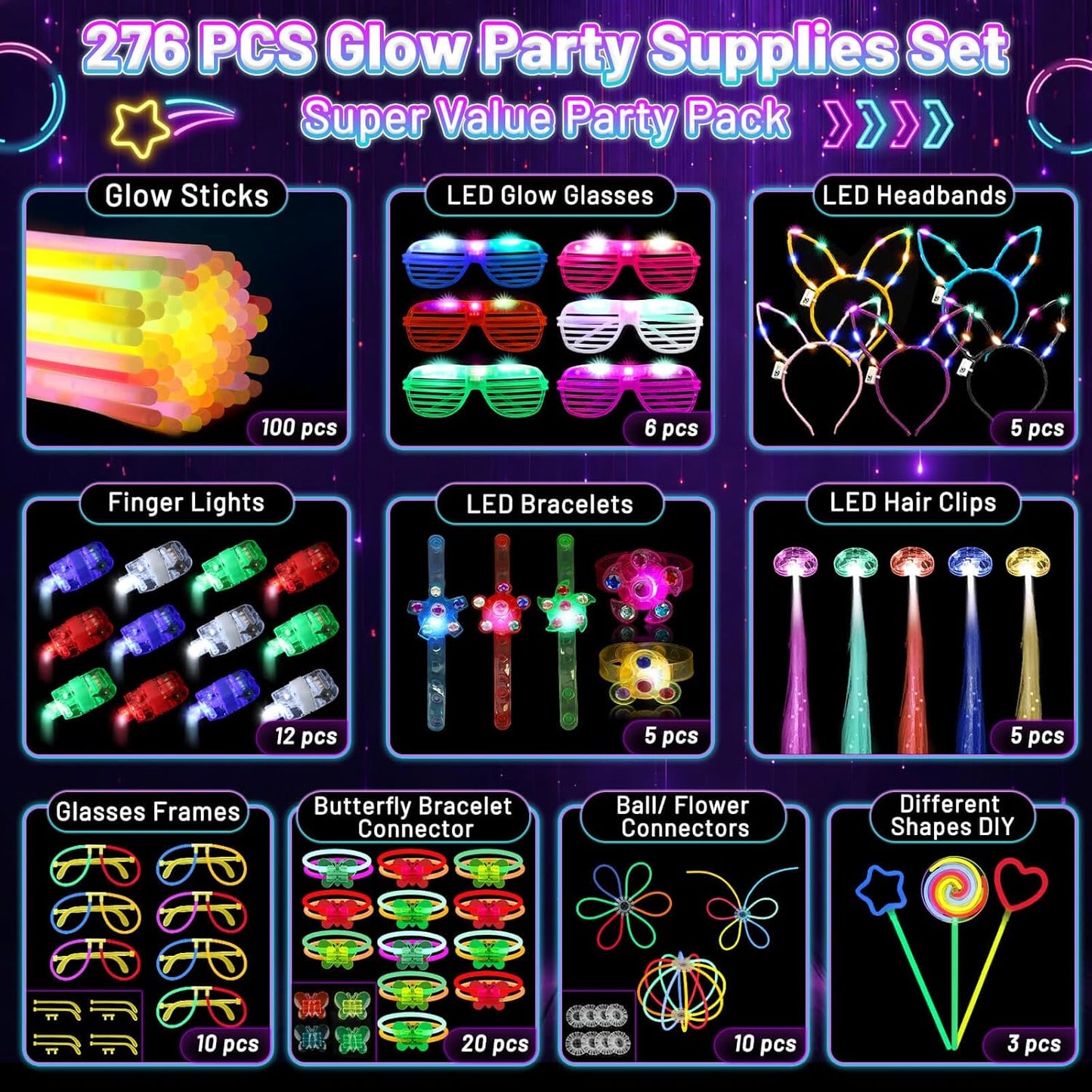 276 PCS Glow in the Dark Party Supplies, Light Up Party Favors ,Neon Glow Party Supplies with Glow Sticks, Light Up Glasses, Headband, Finger Lights, Bracelet, LED Hair Clips