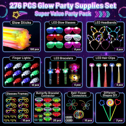 276 PCS Glow in the Dark Party Supplies, Light Up Party Favors ,Neon Glow Party Supplies with Glow Sticks, Light Up Glasses, Headband, Finger Lights, Bracelet, LED Hair Clips