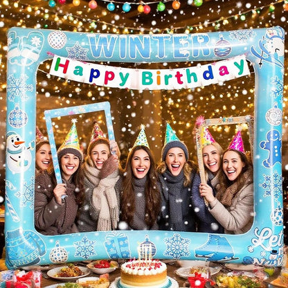 Giant Winter Wonderland Inflatable Photo Photo Frame, Funny Winter Photo Booth Props for Snowman Snowflakes Christmas Frozen Winter Party Decorations Supplies