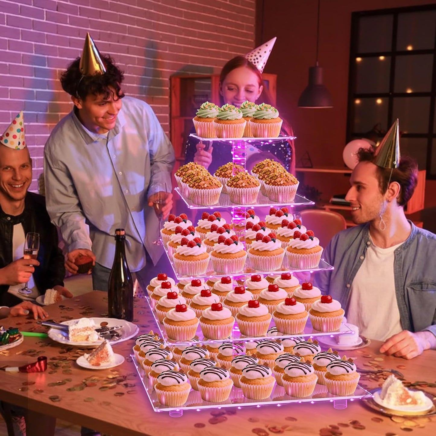 YestBuy Cupcake Stand with Yellow Led Lights, 4 Tier Cupcake Stand for 50 Cupcakes, Acrylic Cupcake Tower Stand, Clear Tiered Cupcake Holder for Birthday Cady Bar Décor Weddings, Parties Events