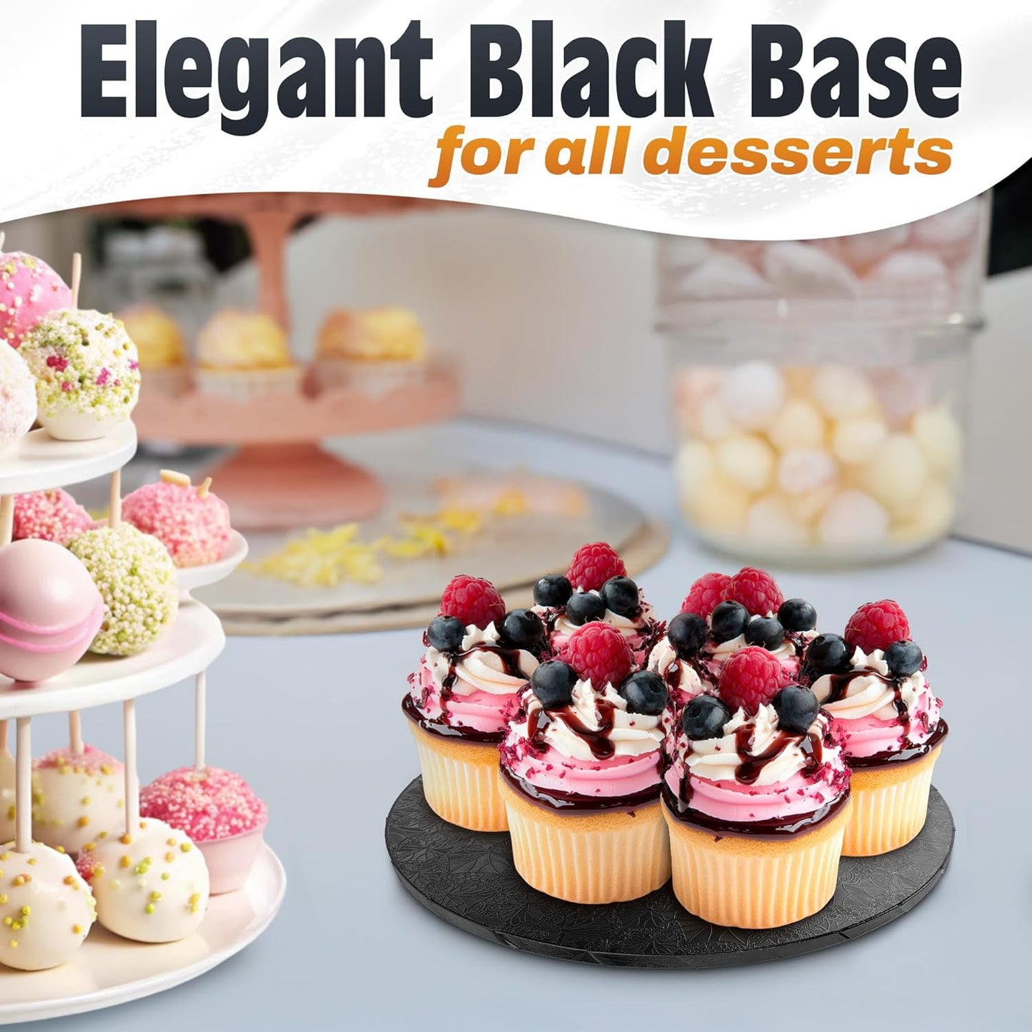 12 Inch Cake Drum, Black Cake Board for Picture-Ready Celebration Cakes, 1/2 Inch Thick Round Cardboard Base with Grease & Moisture Resistant Surface and Decorative Pattern for Parties and Weddings