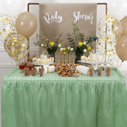 Oudain 6 Pcs Plastic Table Skirts and Stainproof Table Cloths 54 x 108 in Plastic Ruffle Tablecloth 168 x 29 Inches Disposable for Wedding Baby Shower Valentine Spring Easter Party(White)