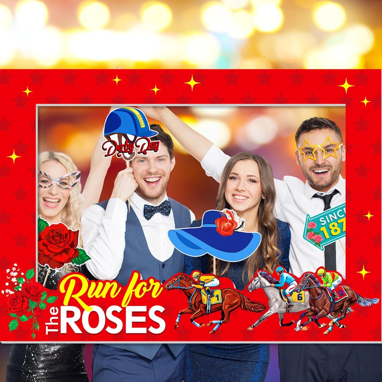 AmazingSpark Derby Decorations Photo Booth Kit Large Horse Party Photo Booth Frame (20x28'') DIY Picture Props Selfie Accessories for KY Derby Party