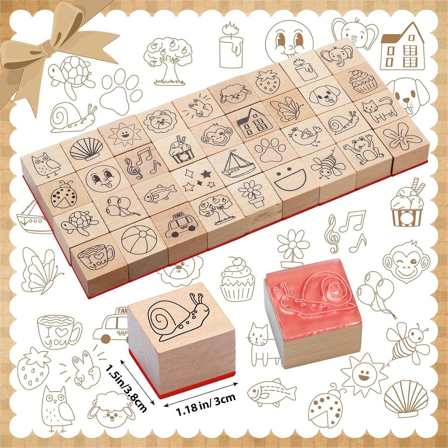 Maitys 36pcs Cartoon Pattern Wood Stamps Set Wooden Rubber Holiday Stamps Cute Cake Elephant Candle Butterfly Bee Pattern for Card Making Decoration and Scrapbooking Supplies DIY Tools Gifts