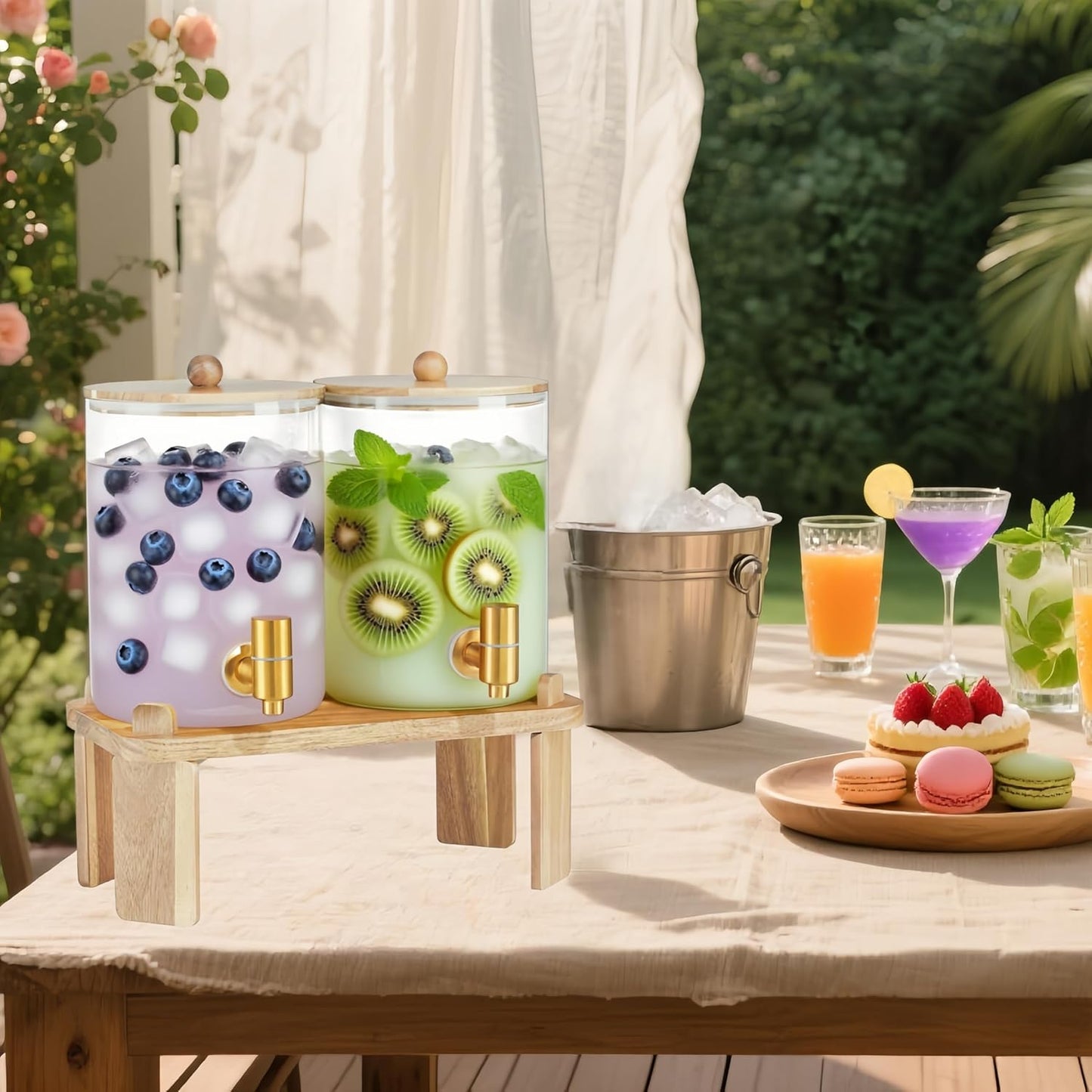 2 Pack Drink Dispenser with Wood Stand, Glass Beverage Dispenser with Spigot and Labels, Glass Water Dispenser for Parties, Lemonade Dispensers for Juice, Tea, and Home Bar Party Drinks (1 Gallon)