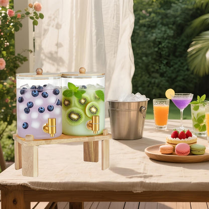 2 Pack Drink Dispenser with Wood Stand, Glass Beverage Dispenser with Spigot and Labels, Glass Water Dispenser for Parties, Lemonade Dispensers for Juice, Tea, and Home Bar Party Drinks (1 Gallon)