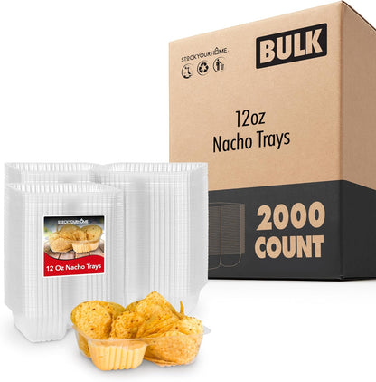 12oz Plastic Nacho Trays (100 Pack) Small Disposable Tray for Nachos & Cheese Dip, Concession Stand Supplies, Movie Night Snacks for Kids, Carnival Party Decorations, Food Boats, Snack Containers…