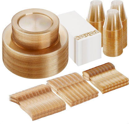 Goodluck 350 Pieces Gold Dinnerware Set for 50 Guests, Plastic Plates Disposable for Party, Include: 50 Gold Rim Dinner Plates, 50 Dessert Plates, 50 Paper Napkins, 50 Cups, 50 Gold Silverware Set