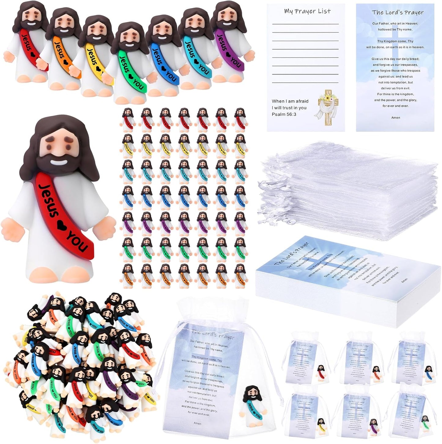 Bememo 150 Pcs Christian Gifts Bulk Bible Verse Cards Little Jesus Figures Prayer Cards Organza Bags for Easter Hunt Religious Party Favors Sunday Baptism, 50 Set(Classic Color,Open Hands)