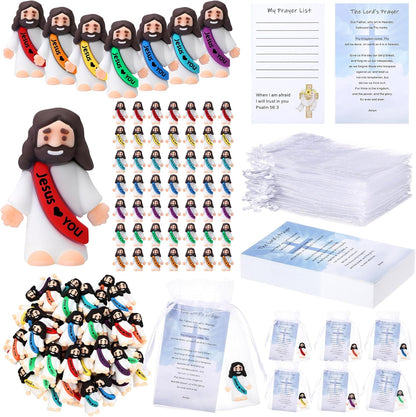 Bememo 150 Pcs Christian Gifts Bulk Bible Verse Cards Little Jesus Figures Prayer Cards Organza Bags for Easter Hunt Religious Party Favors Sunday Baptism, 50 Set(Classic Color,Open Hands)