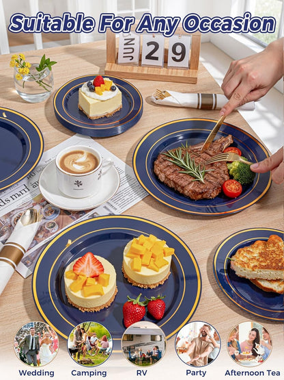 350 Pieces Black and Gold Plastic Plates with Disposable Silverware, Include 50 Dinner Plates 9”, 50 Dessert Plates 6.3”, 50 Black Cups 9 OZ, 50 Pre Rolled Napkins for Wedding Party Graduation
