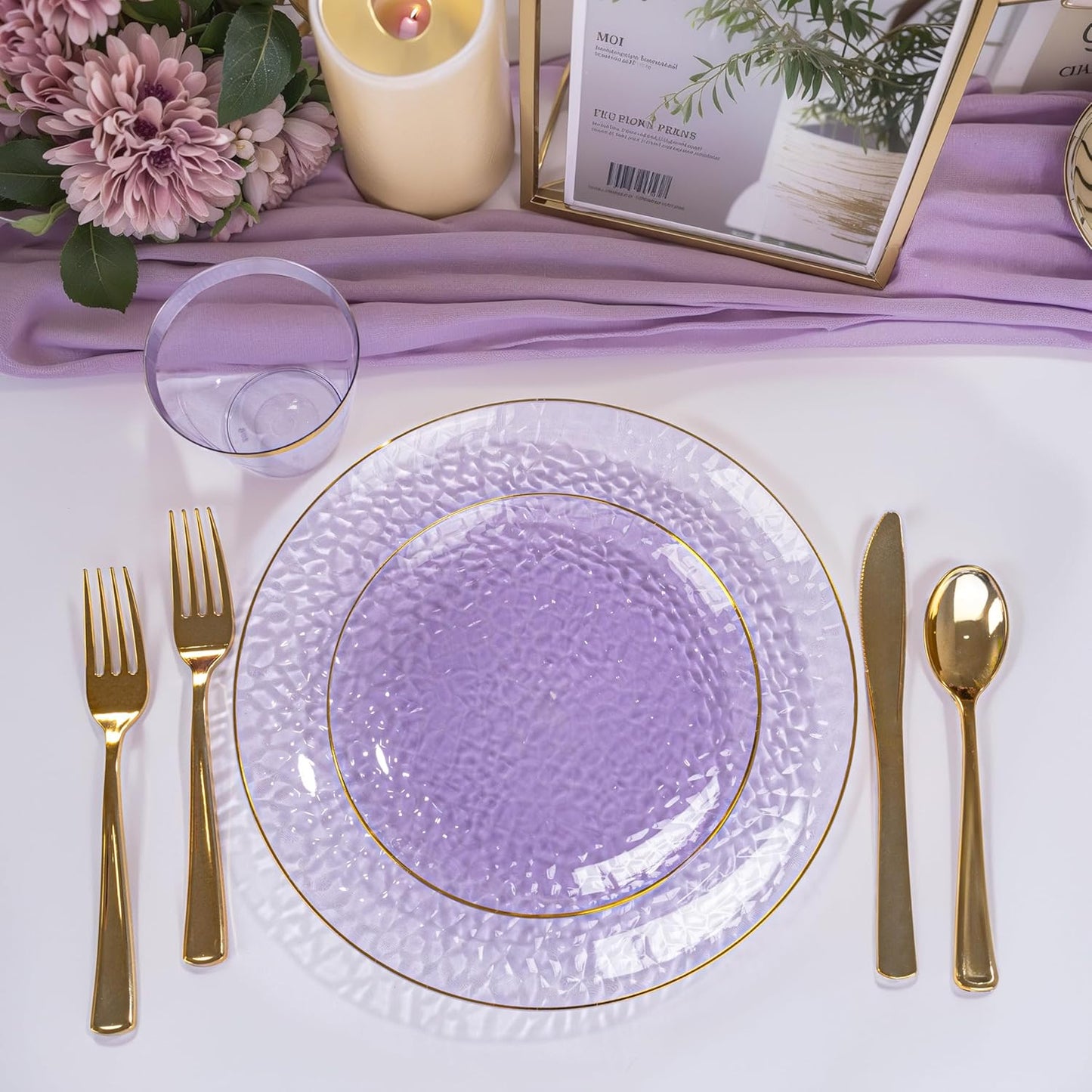 Rubtlamp 350 Pcs Clear Blue Plastic Plates, Blue Gold Plastic Dinnerware Set (50 Guests), Blue Disposable Plates With Gold Rim, Hammered Party Plates Set for Wedding And Party