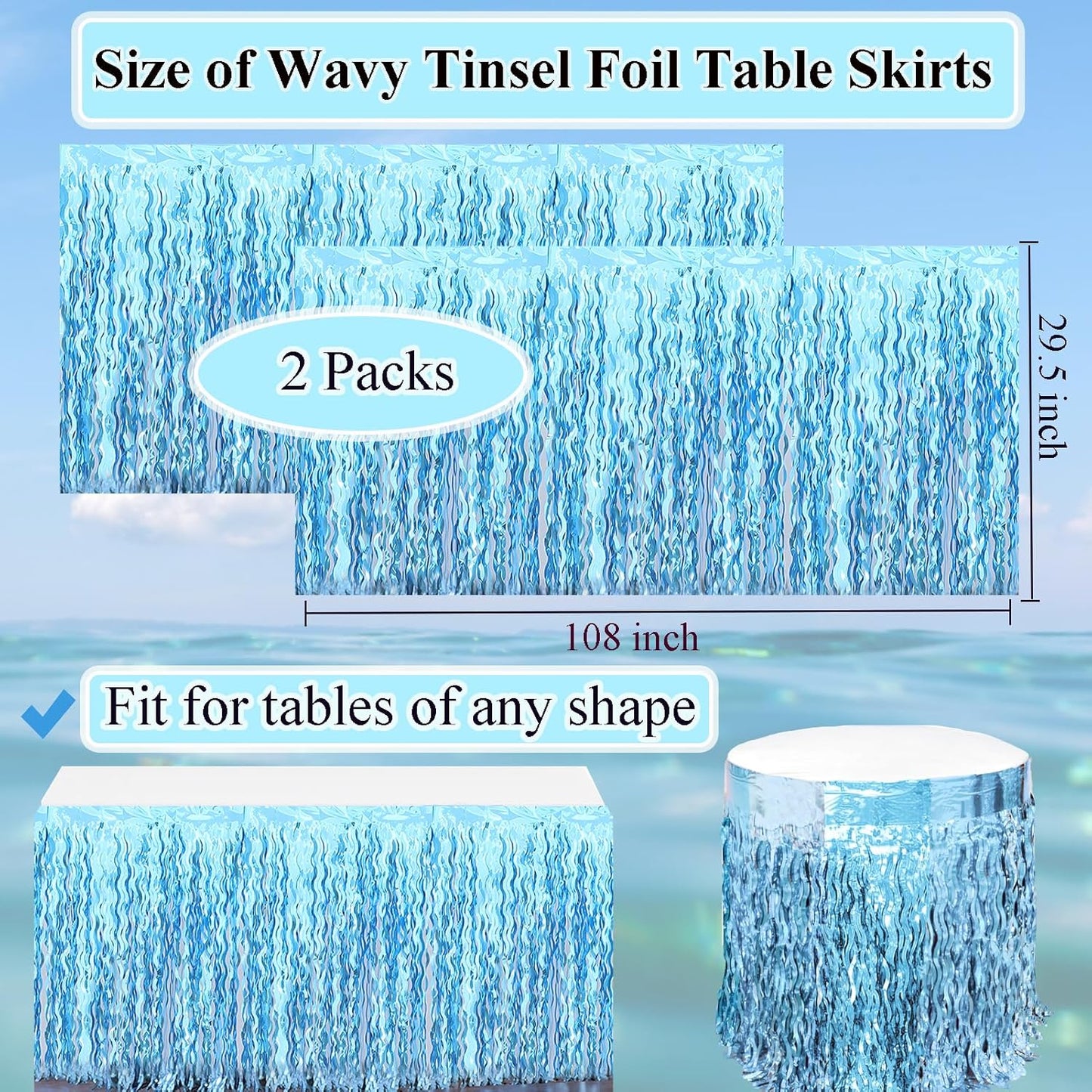 2 Pack Teal Blue Shiny Wavy Tinsel Foil Fringe Table Skirts Table Decorations for Mermaid Birthday Decorations,Under The Sea Party Decorations,Baby Shark Birthday Decorations