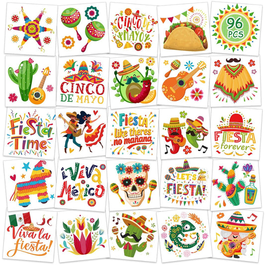 Konsait Cinco de Mayo Tattoos, 96Pcs Perforated Mexican Fiesta Cinco de Mayo Party Decorations Temporary Tattoos, Accessories & Festival Party Favors, 24 Designs