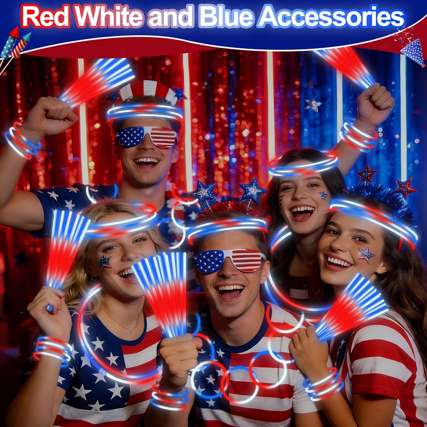 100 Pcs 4th of July Party Favors Glow Sticks with Connectors,Patriotic Glow Stick Red White Blue 3 in 1 Glow Bracelets and Necklaces 4th of July Accessories for Independence Day 250th Anniversary