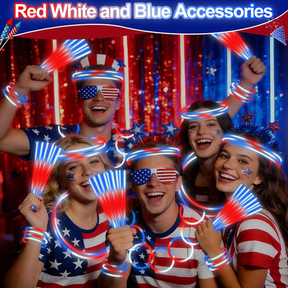 100 Pcs 4th of July Party Favors Glow Sticks with Connectors,Patriotic Glow Stick Red White Blue 3 in 1 Glow Bracelets and Necklaces 4th of July Accessories for Independence Day 250th Anniversary