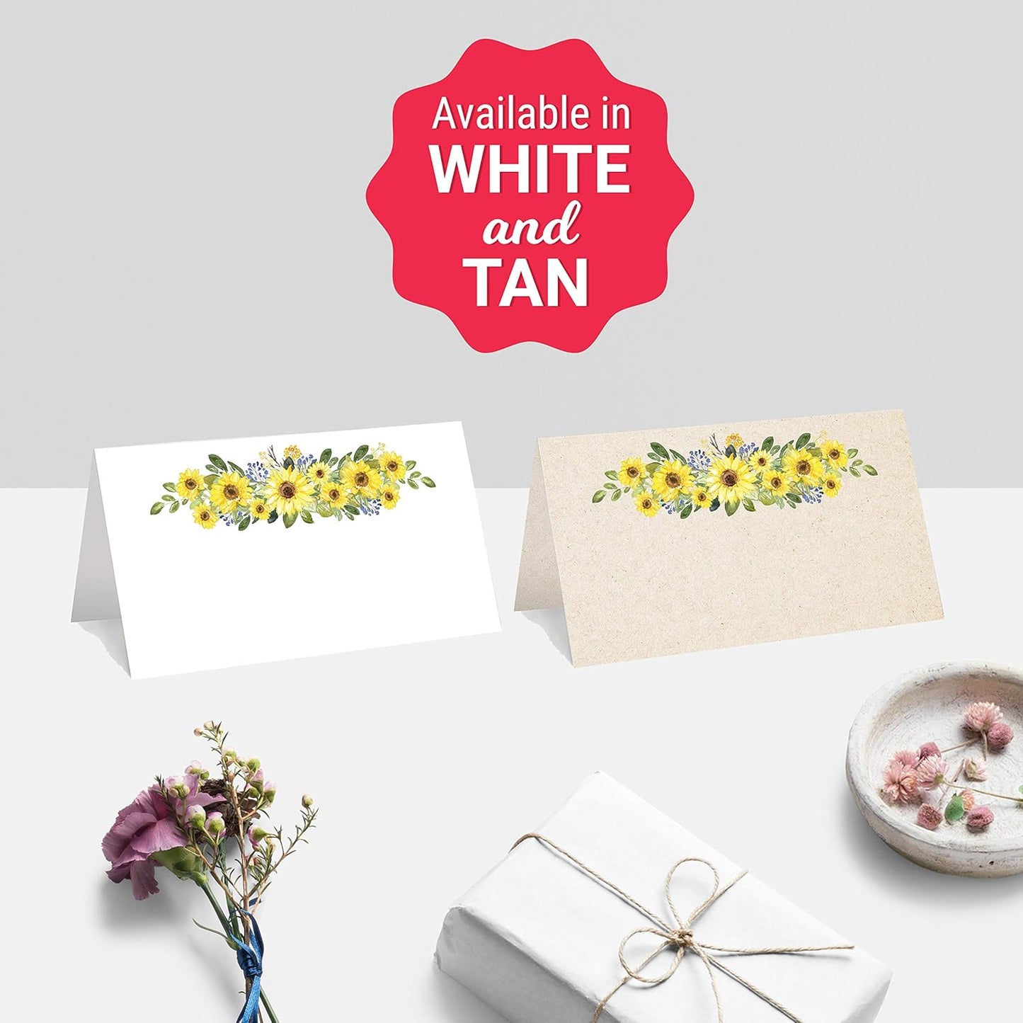 321Done Sunflower Floral Place Cards for Table Setting - Set of 24 Blank Name Cards, Seating Chart & Placecard for Wedding Reception, Dinner Party, Buffet & Calligraphy - 3.5x2, White, Made in USA