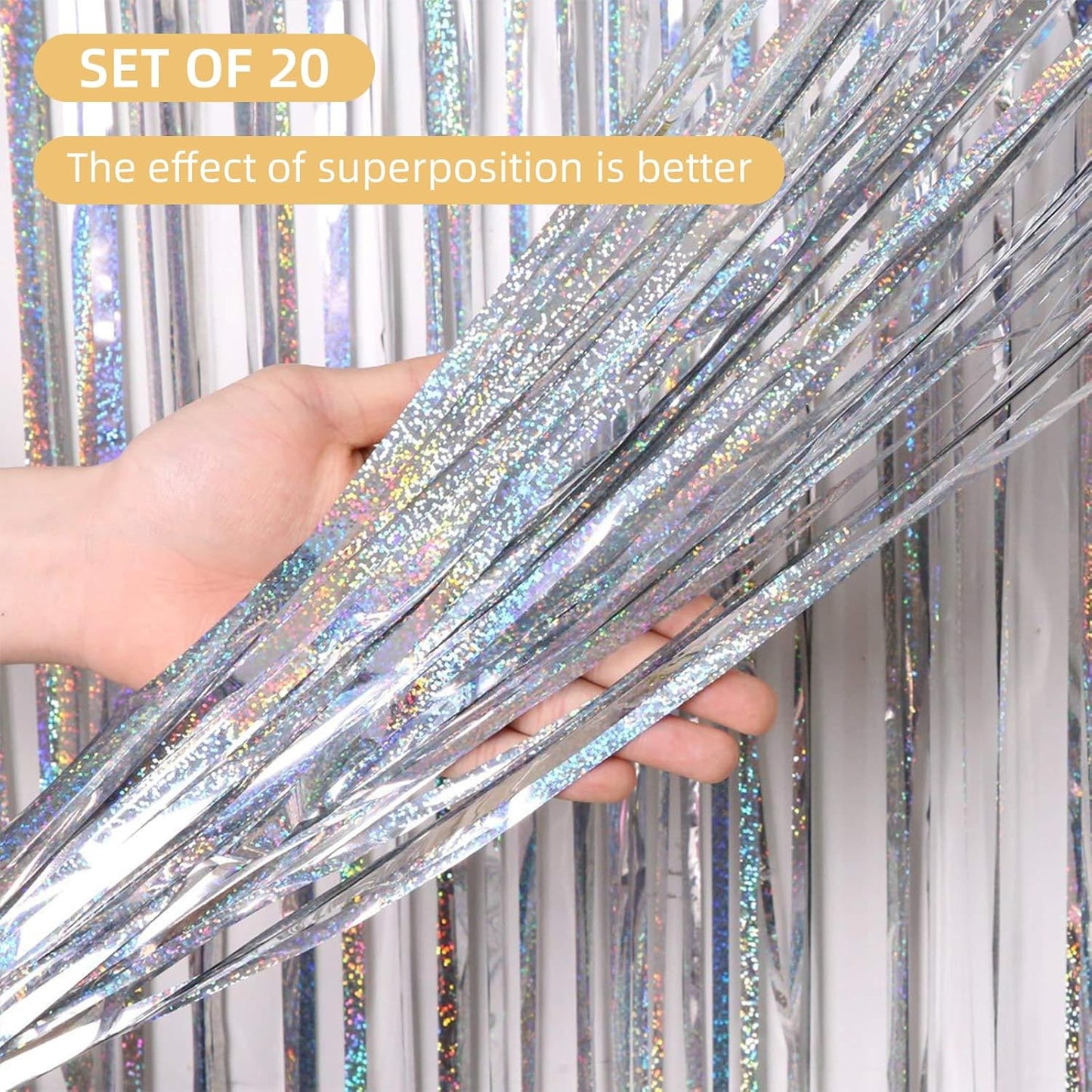 20 Pack Silver Foil Curtain Backdrop 3.2ft x 8.2ft Foil Fringe Backdrop Curtain Metallic Tinsel Foil Fringe Curtains Streamer Backdrop Curtains for Birthday Party Decorations Photo Booth (Silver)