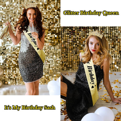 CURASA Birthday Tiara and Sash - Silver Birthday Crown for Women, Perfect for Parties and Celebrations