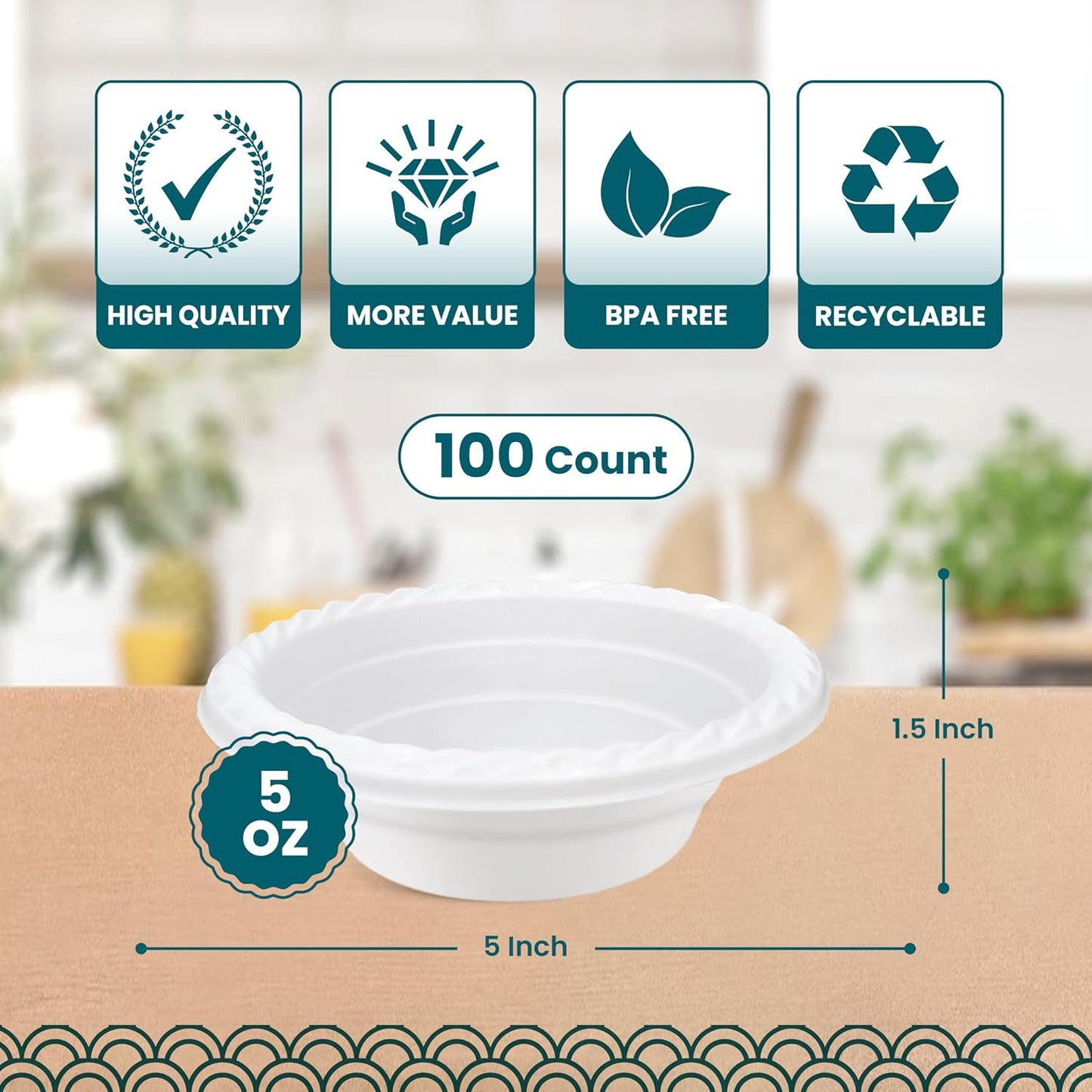 R-kay Plastic Bowls - 100 Count Microwavable Disposable Bowls - Strong Heavy Duty And Sturdy White Plastic Bowls Disposable (12 OZ, 100)