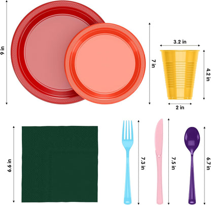 350 Pcs Black Plastic Plates For Party, Black Disposable Plates Set, 50 Of Each 9" Dinner Plate Set, 7" Dessert Plate, Cups, Napkins & Cutlery Plastic Dinnerware Set Exquisite