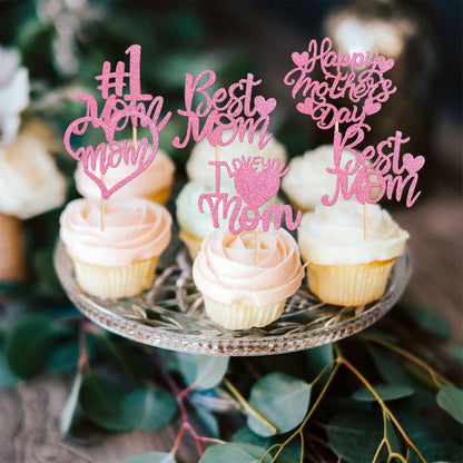 24 PCS Happy Mother's Day Cupcake Toppers with Glitter Heart Love Mother Best Mom Cupcake Picks for Happy Mother's Day Theme Women Birthday Party Cake Decorations Supplies Rose Gold