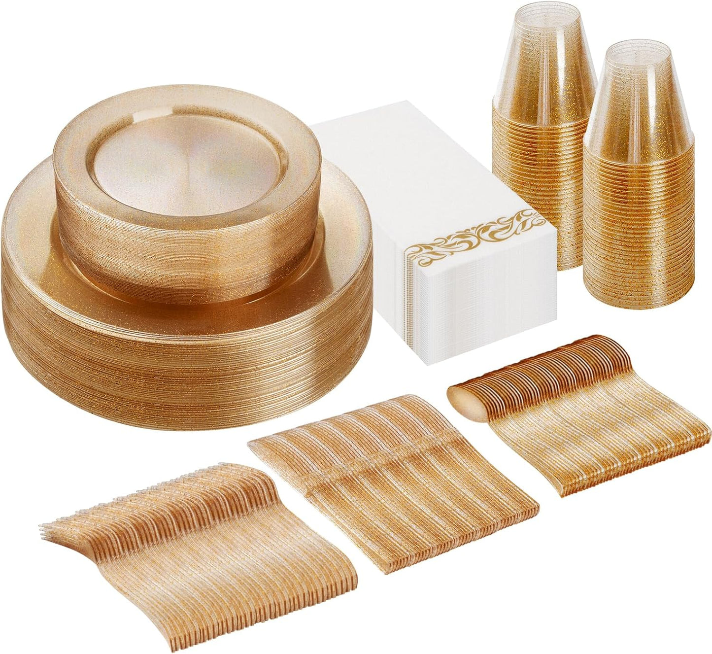 Goodluck 350 Pieces Gold Dinnerware Set for 50 Guests, Plastic Plates Disposable for Party, Include: 50 Gold Rim Dinner Plates, 50 Dessert Plates, 50 Paper Napkins, 50 Cups, 50 Gold Silverware Set