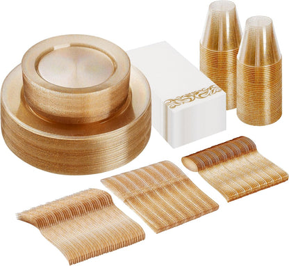 Goodluck 350 Pieces Gold Dinnerware Set for 50 Guests, Plastic Plates Disposable for Party, Include: 50 Gold Rim Dinner Plates, 50 Dessert Plates, 50 Paper Napkins, 50 Cups, 50 Gold Silverware Set