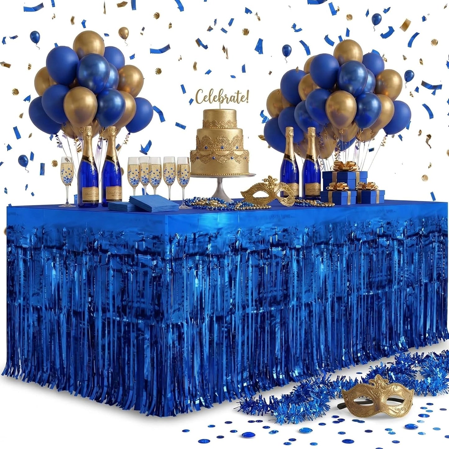 Blue Streamers Party Decorations, 2 Packs Blue Table Skirts Metallic Foil Fringe Tinsel for Birthday Under the Sea Boy Baby Shower Float Parade Mardi Gras Graduation Party Supplies -29x108Inch