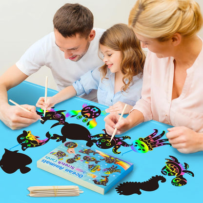 CY2SIDE Summer Ocean Animals Scratch Cards - 63PCS DIY Under The Sea Magic Art Color Scratch Card Craft Kit for Kids Dolphin Magic Rainbow Art for Kids Summer Birthday Party Favor School Activity