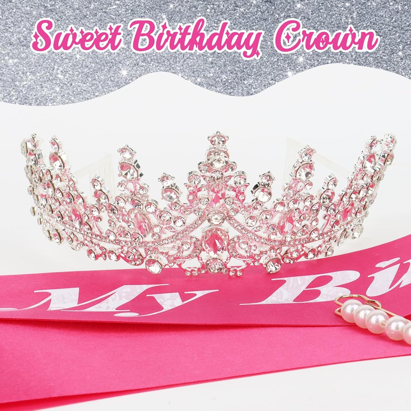 CURASA Birthday Tiara and Sash - Silver Birthday Crown for Women, Perfect for Parties and Celebrations