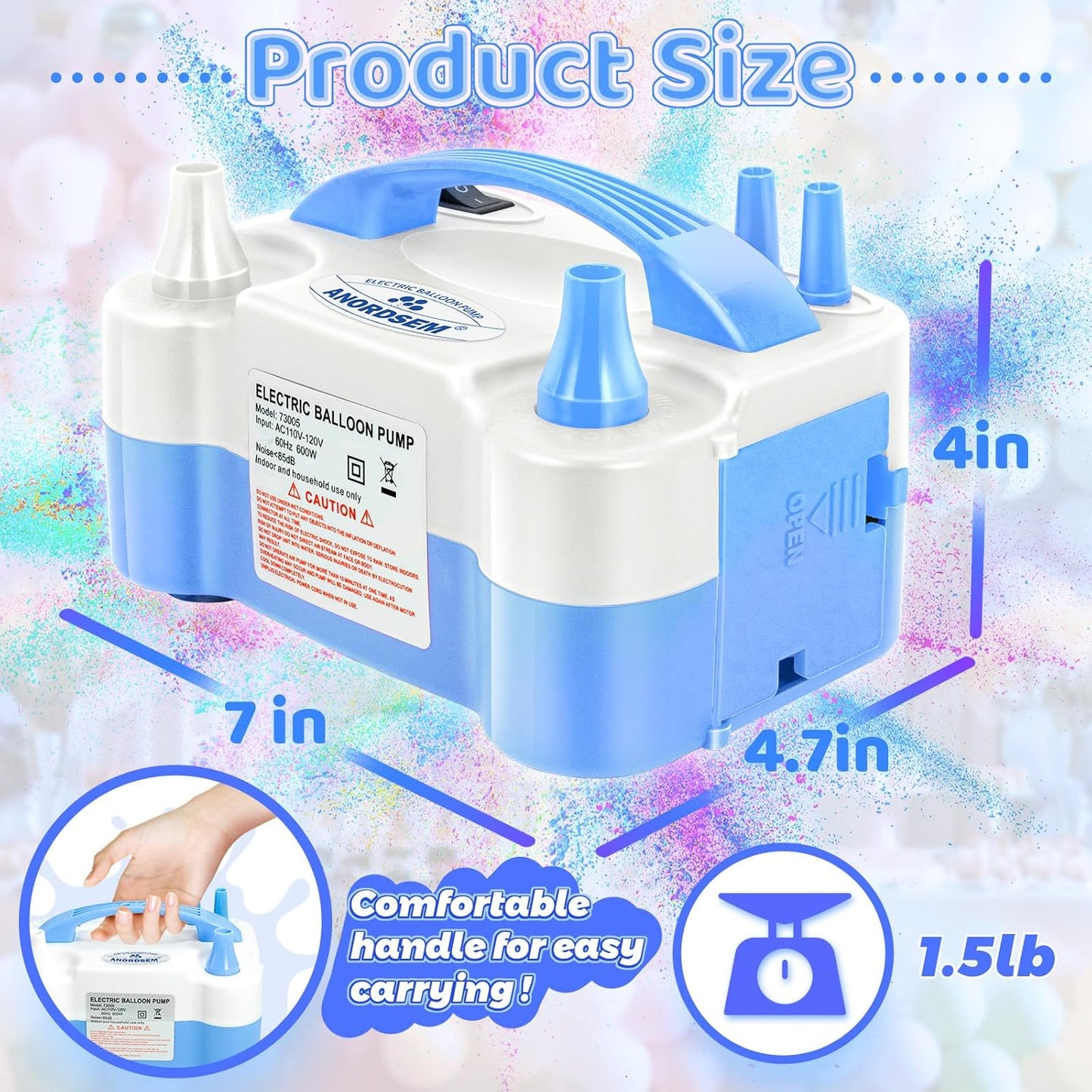 Anordsem Electric Balloon Air Pump: Polypropylene Plastic Case with Dual Nozzle - Quick Inflating for All Balloons at Home - Blower Machine Knotter/Ribbon for Parents Party DIY Decoration