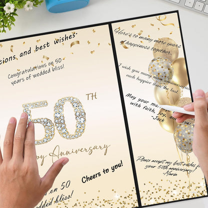 DARUNAXY Black Gold Happy Anniversary Party Decorations, Happy Anniversary Alternative Signature Guest Book Wedding 1st 10th 40th 50th Anniversary Signing Card Board Party Supplies