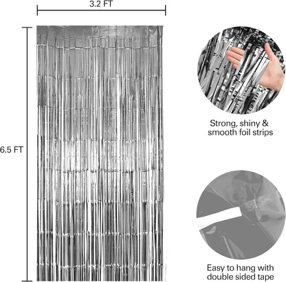 Hampton Distribution 6 Pack Silver Foil Fringe Curtains, Silver Tinsel Backdrop Party Curtains, Party Supplies for Birthday, Holidays, Parties & More